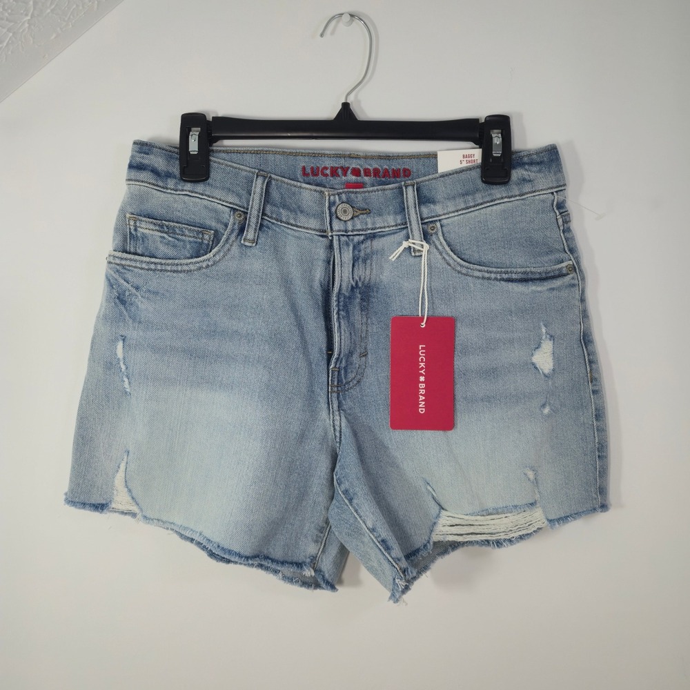 Lucky Brand Women Baggy 5 Inch Short Light Wash Distressed Denim 6/28 NWT